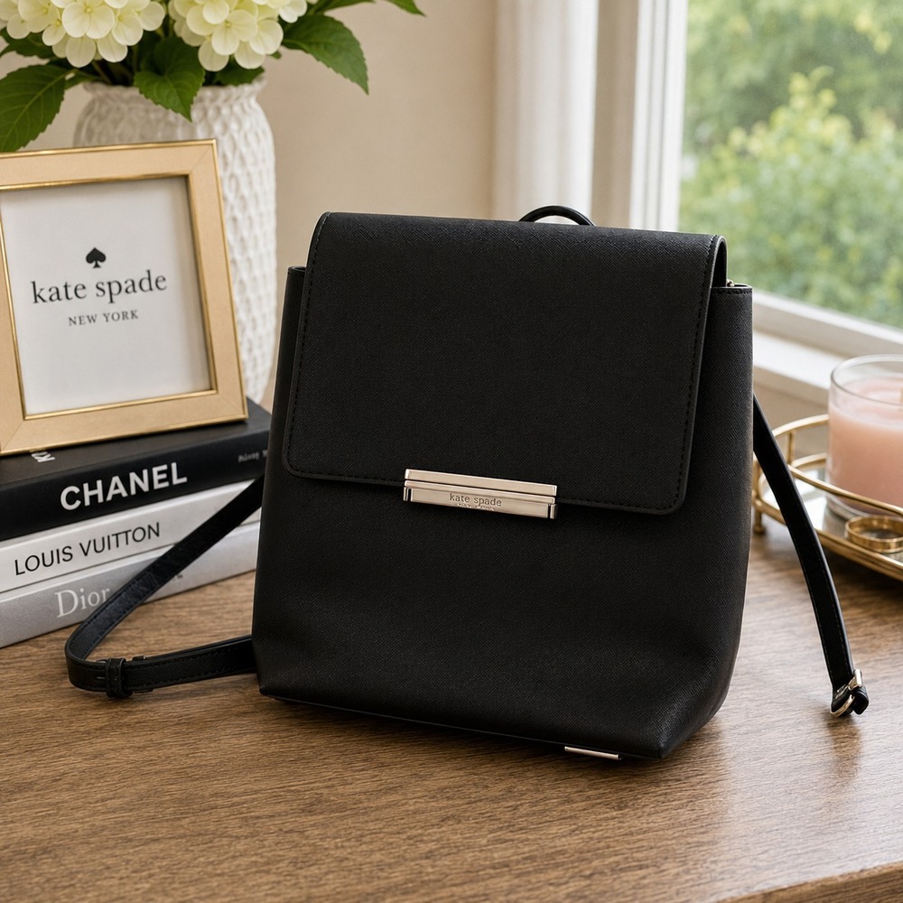 Kate Spade Black Leather Backpack Silver Hardware Pebbled Zip Women's